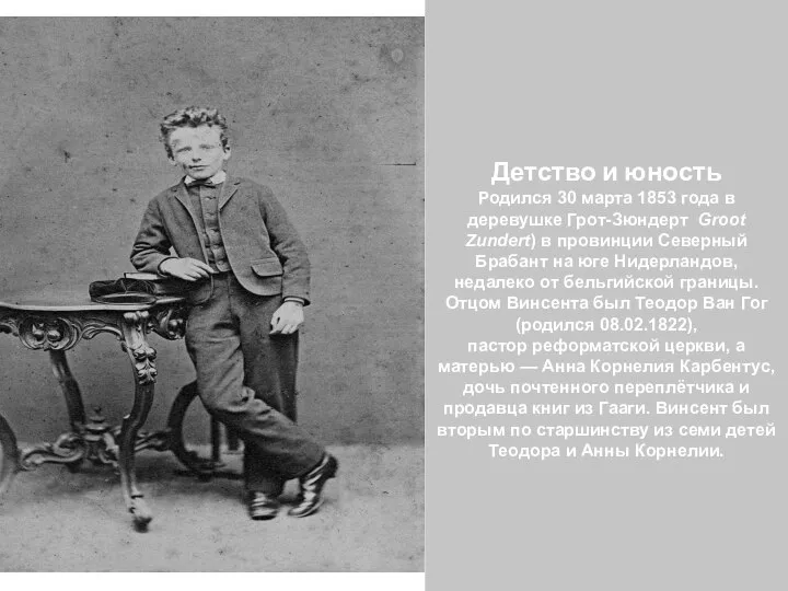 Детство и юность Родился 30 марта 1853 года в деревушке Грот-Зюндерт Groot