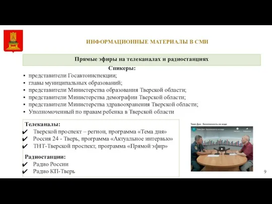 ИНФОРМАЦИОННЫЕ МАТЕРИАЛЫ В СМИ Прямые эфиры на телеканалах и радиостанциях Телеканалы: Тверской