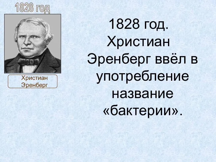 1828 год. Христиан Эренберг ввёл в употребление название «бактерии».