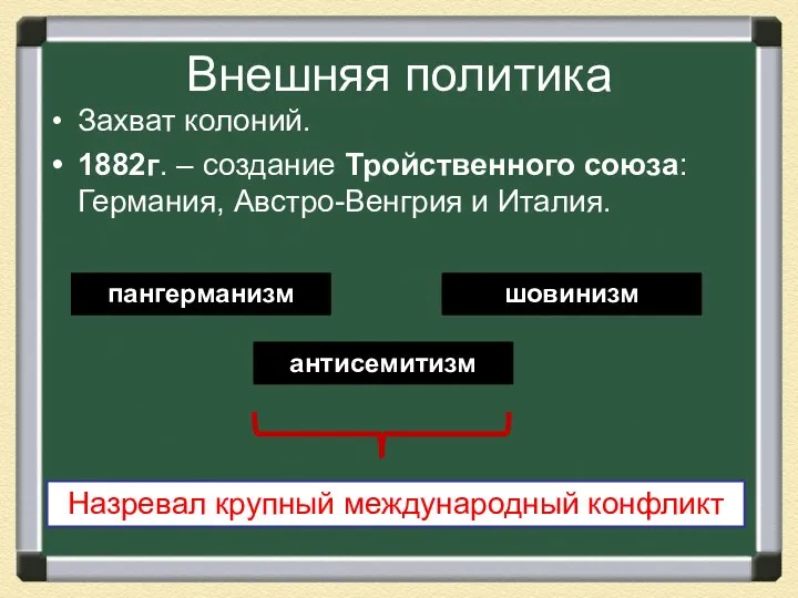 Внешняя политика Захват колоний. 1882г. – создание Тройственного союза: Германия, Австро-Венгрия и