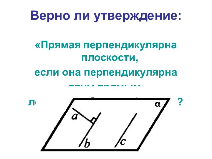 Верно ли утверждение: «Прямая перпендикулярна плоскости, если она перпендикулярна двум прямым, лежащим в этой плоскости»?