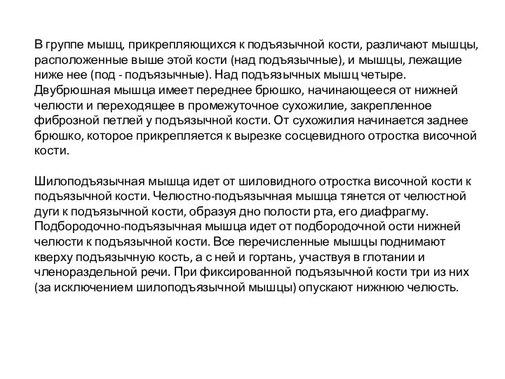 В группе мышц, прикрепляющихся к подъязычной кости, различают мышцы, расположенные выше этой