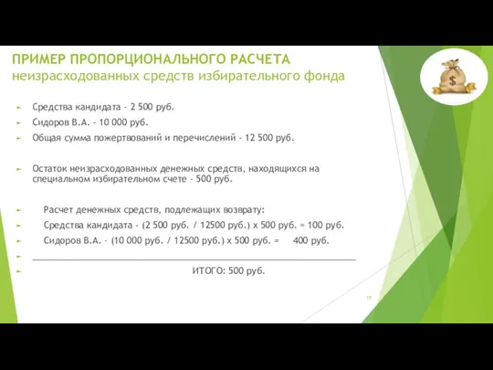 ПРИМЕР ПРОПОРЦИОНАЛЬНОГО РАСЧЕТА неизрасходованных средств избирательного фонда Средства кандидата - 2 500