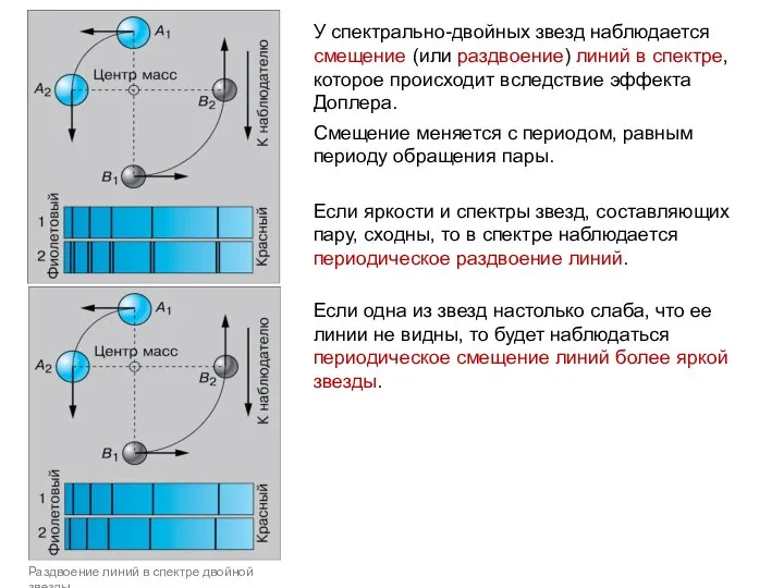 У спектрально-двойных звезд наблюдается смещение (или раздвоение) линий в спектре, которое происходит