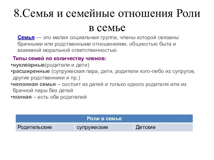 8.Семья и семейные отношения Роли в семье Семья — это малая социальная