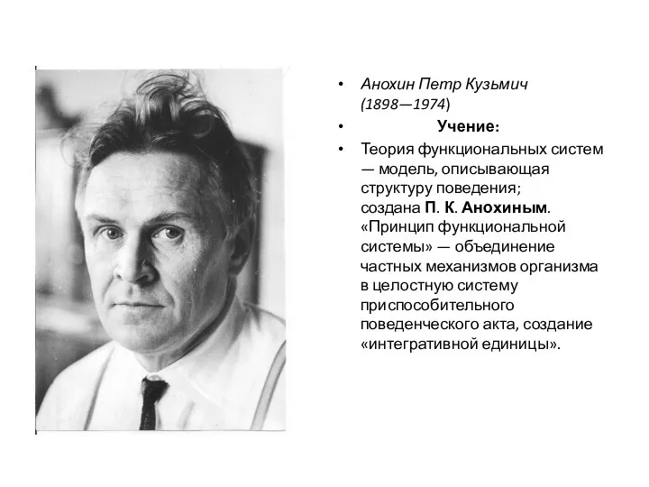 Анохин Петр Кузьмич (1898—1974) Учение: Теория функциональных систем — модель, описывающая структуру