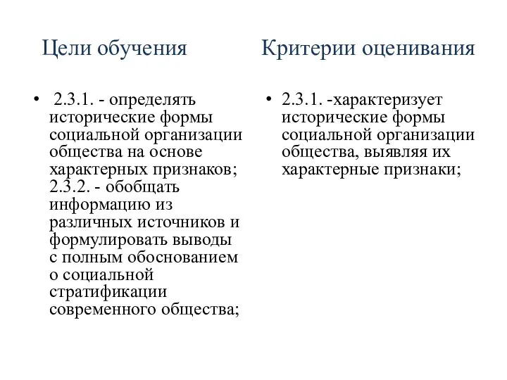 Цели обучения Критерии оценивания 2.3.1. - определять исторические формы социальной организации общества