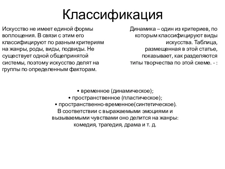 Классификация Искусство не имеет единой формы воплощения. В связи с этим его