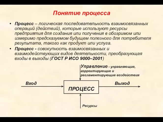 Понятие процесса Процесс – логическая последовательность взаимосвязанных операций (действий), которые используют ресурсы