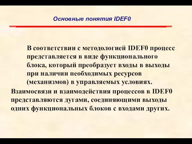 В соответствии с методологией IDEF0 процесс представляется в виде функционального блока, который