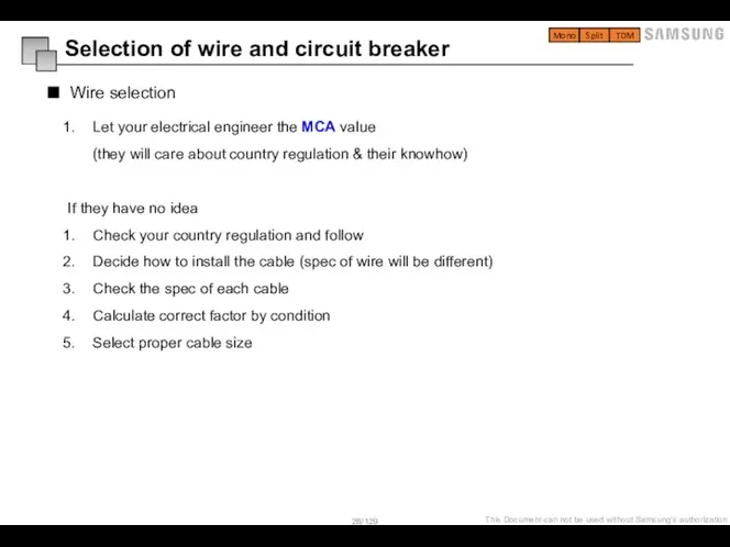 Wire selection Selection of wire and circuit breaker Let your electrical engineer