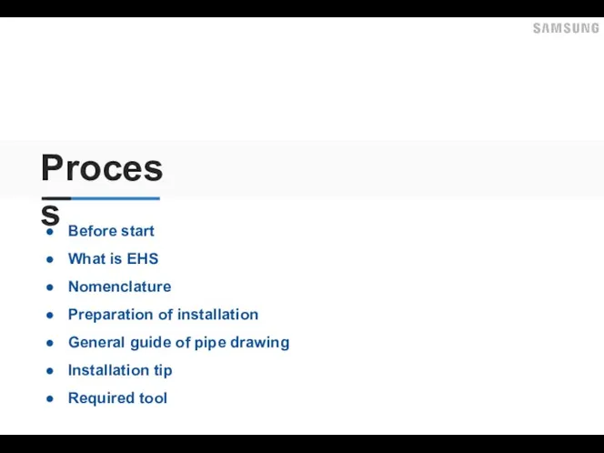 Process Before start What is EHS Nomenclature Preparation of installation General guide