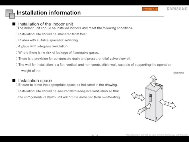Installation of the Indoor unit Installation information The indoor unit should be