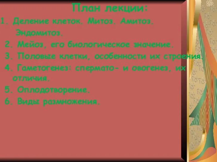 План лекции: Деление клеток. Митоз. Амитоз. Эндомитоз. 2. Мейоз, его биологическое значение.