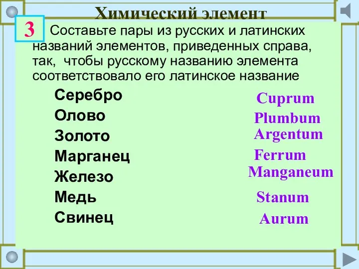 Химический элемент Составьте пары из русских и латинских названий элементов, приведенных справа,