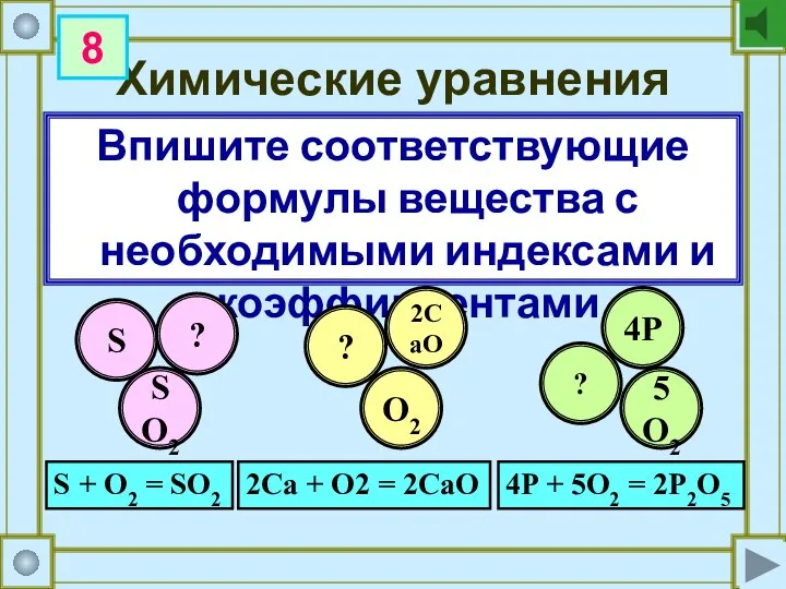 Химические уравнения Впишите соответствующие формулы вещества с необходимыми индексами и коэффициентами S