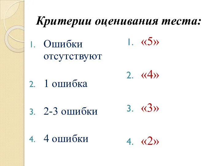 Критерии оценивания теста: Ошибки отсутствуют 1 ошибка 2-3 ошибки 4 ошибки «5» «4» «3» «2»