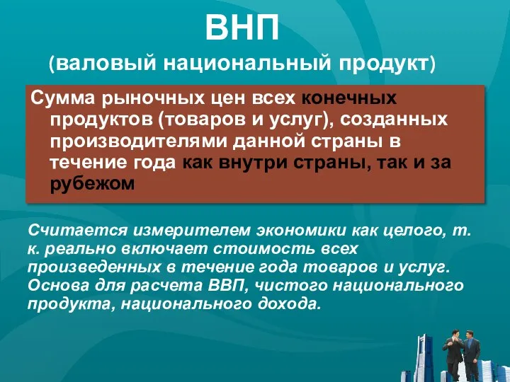 ВНП (валовый национальный продукт) Сумма рыночных цен всех конечных продуктов (товаров и