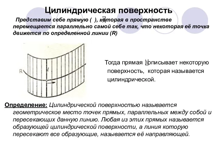 Цилиндрическая поверхность Представим себе прямую ( ), которая в пространстве перемещается параллельно