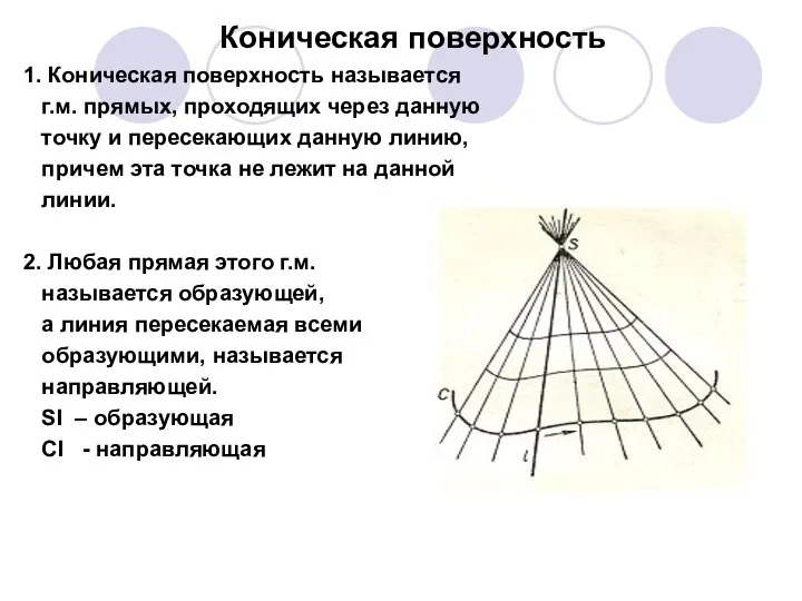 Коническая поверхность 1. Коническая поверхность называется г.м. прямых, проходящих через данную точку