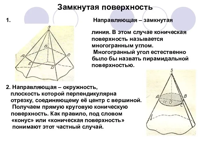 Замкнутая поверхность 1. Направляющая – замкнутая ломаная линия. В этом случае коническая