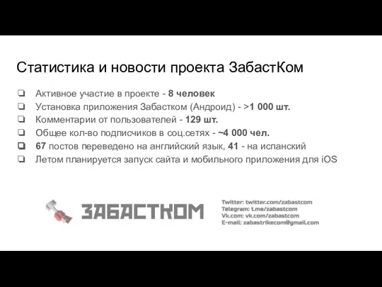 Статистика и новости проекта ЗабастКом Активное участие в проекте - 8 человек