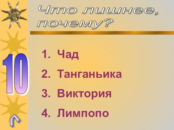 Что лишнее, почему? 10 Чад Танганьика Виктория Лимпопо