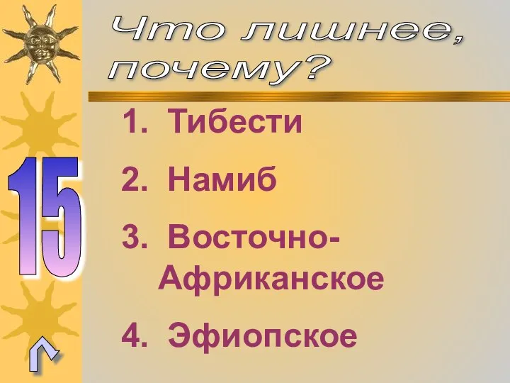 Что лишнее, почему? 15 Тибести Намиб Восточно-Африканское Эфиопское