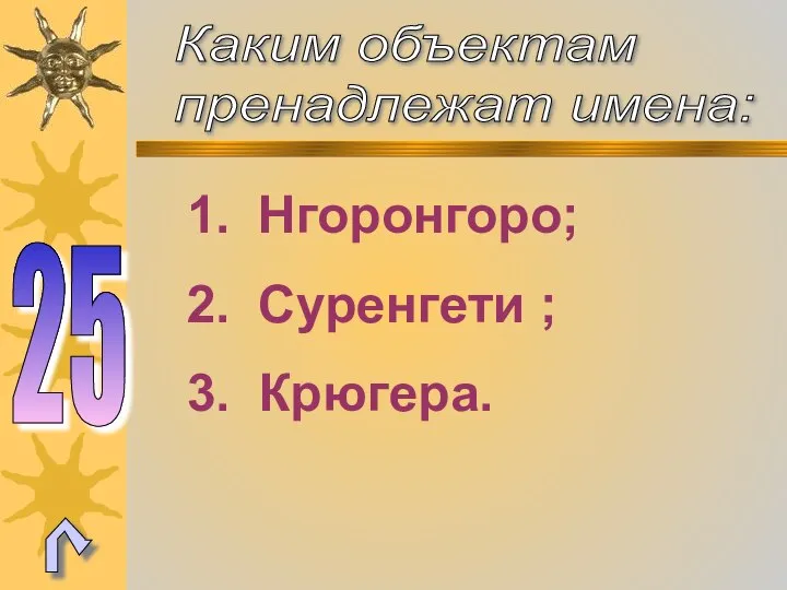 Каким объектам пренадлежат имена: 25 Нгоронгоро; Суренгети ; Крюгера.