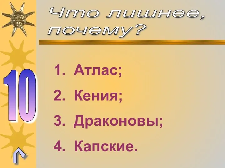 Что лишнее, почему? 10 Атлас; Кения; Драконовы; Капские.