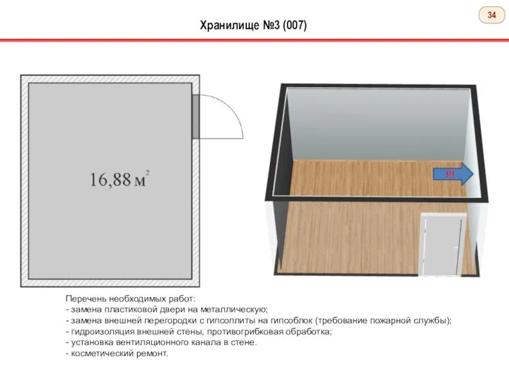 Хранилище №3 (007) Перечень необходимых работ: - замена пластиковой двери на металлическую;