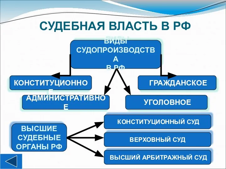 СУДЕБНАЯ ВЛАСТЬ В РФ ВИДЫ СУДОПРОИЗВОДСТВА В РФ ГРАЖДАНСКОЕ УГОЛОВНОЕ АДМИНИСТРАТИВНОЕ КОНСТИТУЦИОННОЕ