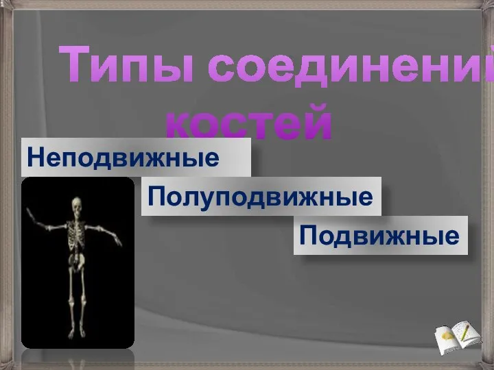 Типы соединений костей Неподвижные Подвижные Полуподвижные