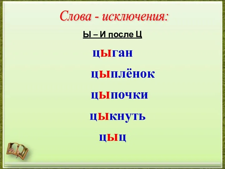 Ы – И после Ц цыган цыплёнок цыпочки цыкнуть цыц Слова - исключения: