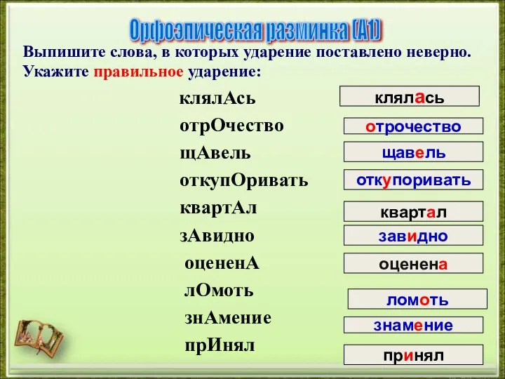 Выпишите слова, в которых ударение поставлено неверно. Укажите правильное ударение: клялАсь отрОчество