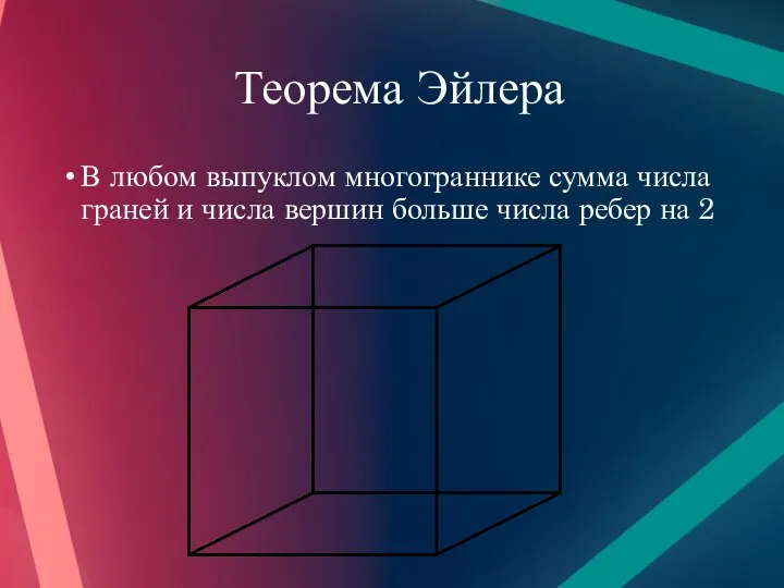 Теорема Эйлера В любом выпуклом многограннике сумма числа граней и числа вершин