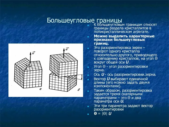 Большеугловые границы К большеугловым границам относят границы раздела кристаллитов в поликристаллическом агрегате.