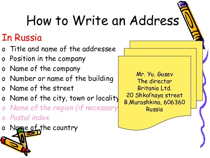 How to Write an Address In Russia Title and name of the