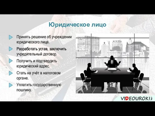 Юридическое лицо Принять решение об учреждении юридического лица. Разработать устав, заключить Получить