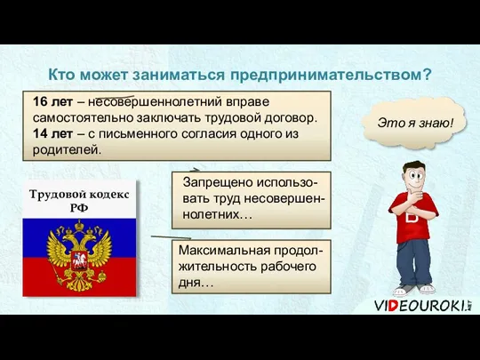 Кто может заниматься предпринимательством? 16 лет – несовершеннолетний вправе самостоятельно заключать трудовой