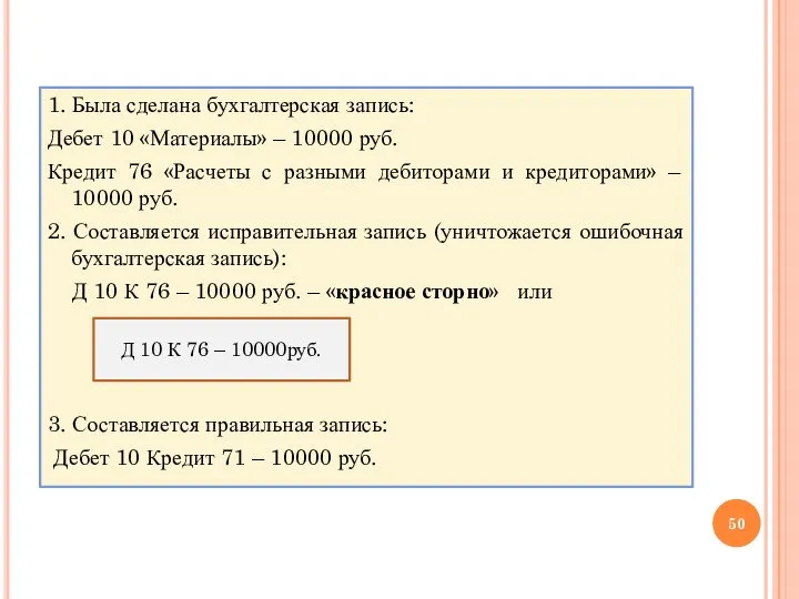 1. Была сделана бухгалтерская запись: Дебет 10 «Материалы» – 10000 руб. Кредит