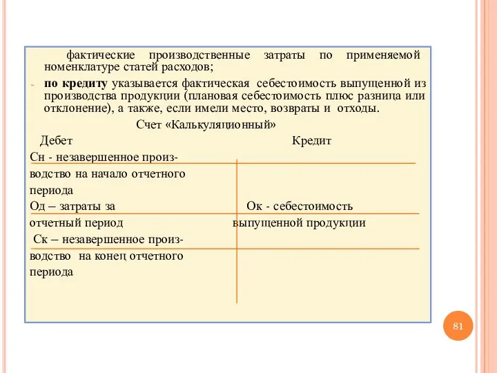 фактические производственные затраты по применяемой номенклатуре статей расходов; по кредиту указывается фактическая