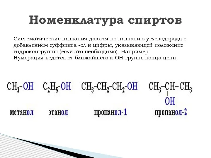 Номенклатура спиртов Систематические названия даются по названию углеводорода с добавлением суффикса -ол