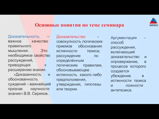 Основные понятия по теме семинара Доказательность – важное качество правильного мышления. Это