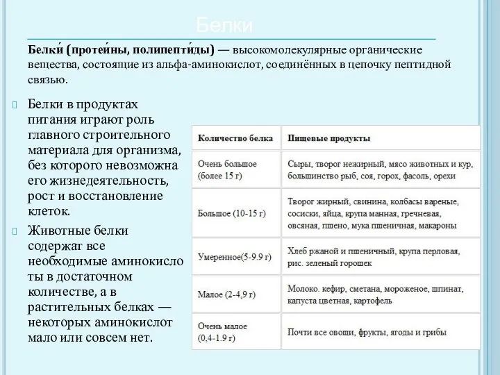 Белки Белки в продуктах питания играют роль главного строительного материала для организма,