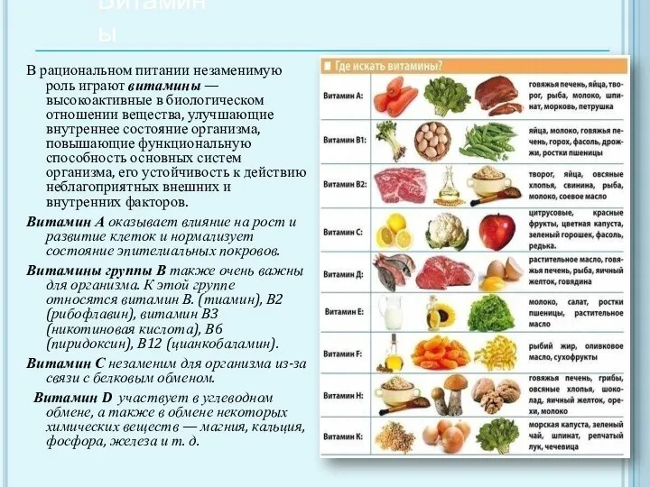 Витамины В рациональном питании незаменимую роль играют витамины — высокоактивные в биологическом