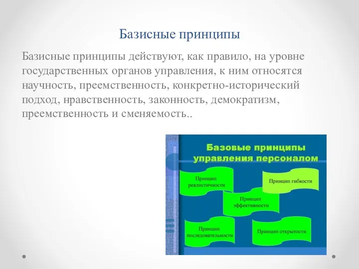 Базисные принципы Базисные принципы действуют, как правило, на уровне государственных органов управления,