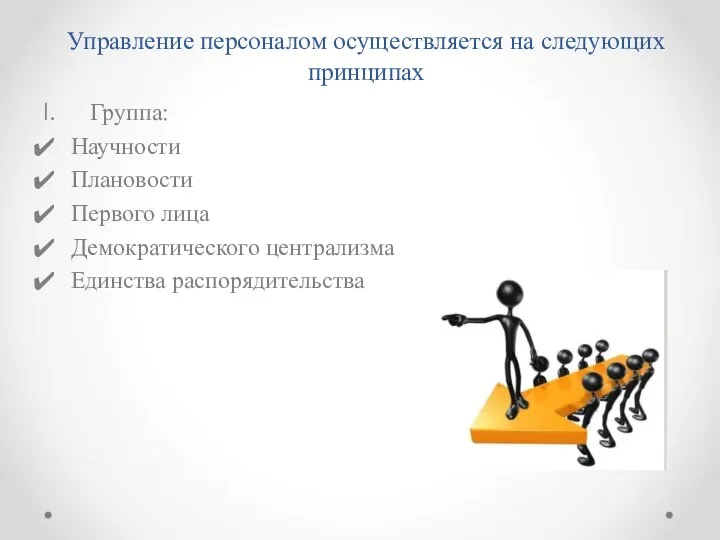 Управление персоналом осуществляется на следующих принципах Группа: Научности Плановости Первого лица Демократического централизма Единства распорядительства