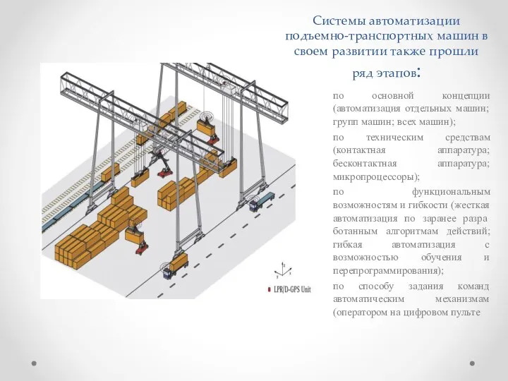 Системы автоматизации подъемно-транспортных машин в своем развитии также прошли ряд этапов: по