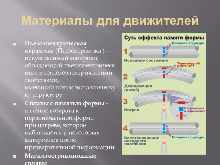 Материалы для движителей Пьезоэлектрическая керамика (Пьезокера́мика )— искусственный материал, обладающий пьезоэлектрическими и